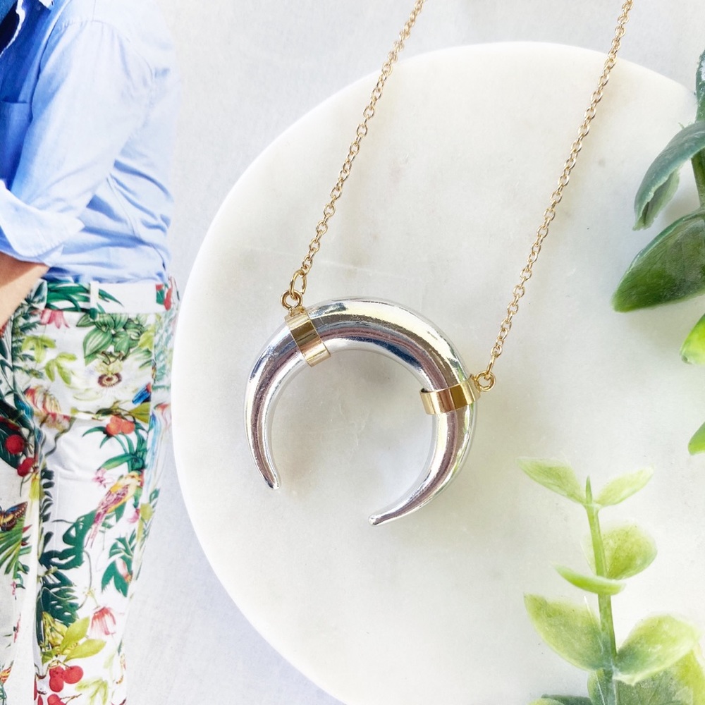 "Kinsey" Necklace || Silver & Gold Horn Pendant - Picture 3 of 13